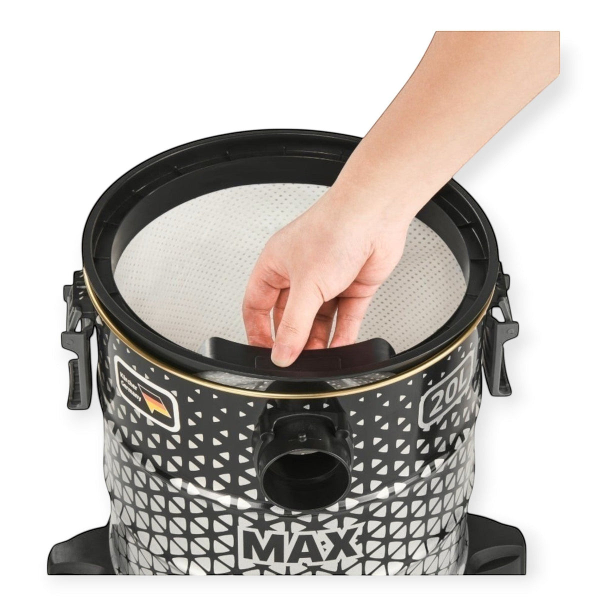 Taghareed Kärcher 1800W 20L barrel vacuum cleaner with blower function, black and silver patterned drum.