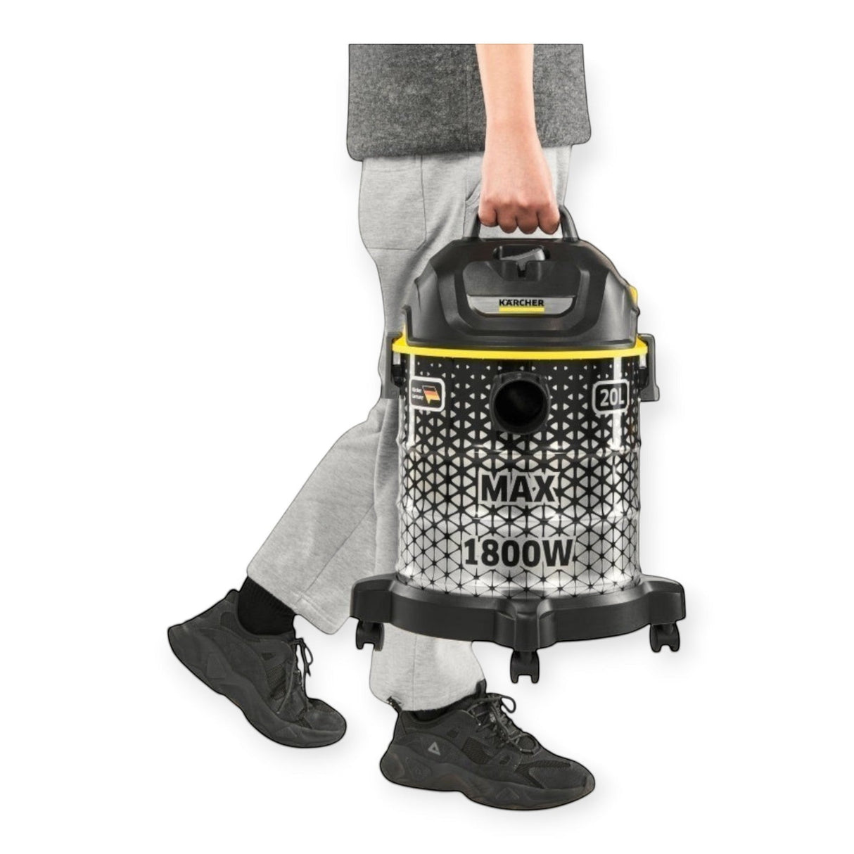 Taghareed Kärcher 1800W barrel vacuum cleaner with 20L capacity and blower function, black and silver.