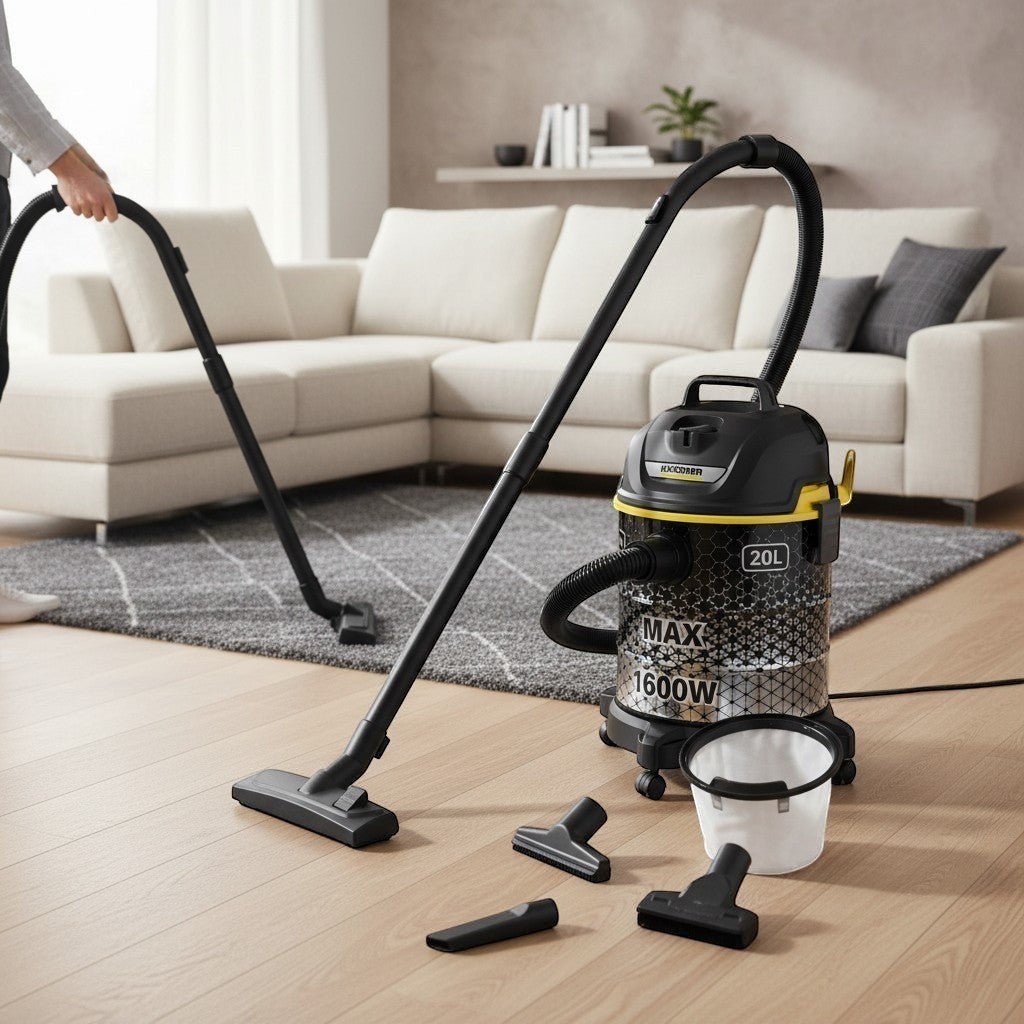 Taghareed Kärcher 1800W 20L barrel vacuum cleaner with blower function, black and yellow, with accessories on wooden floor.