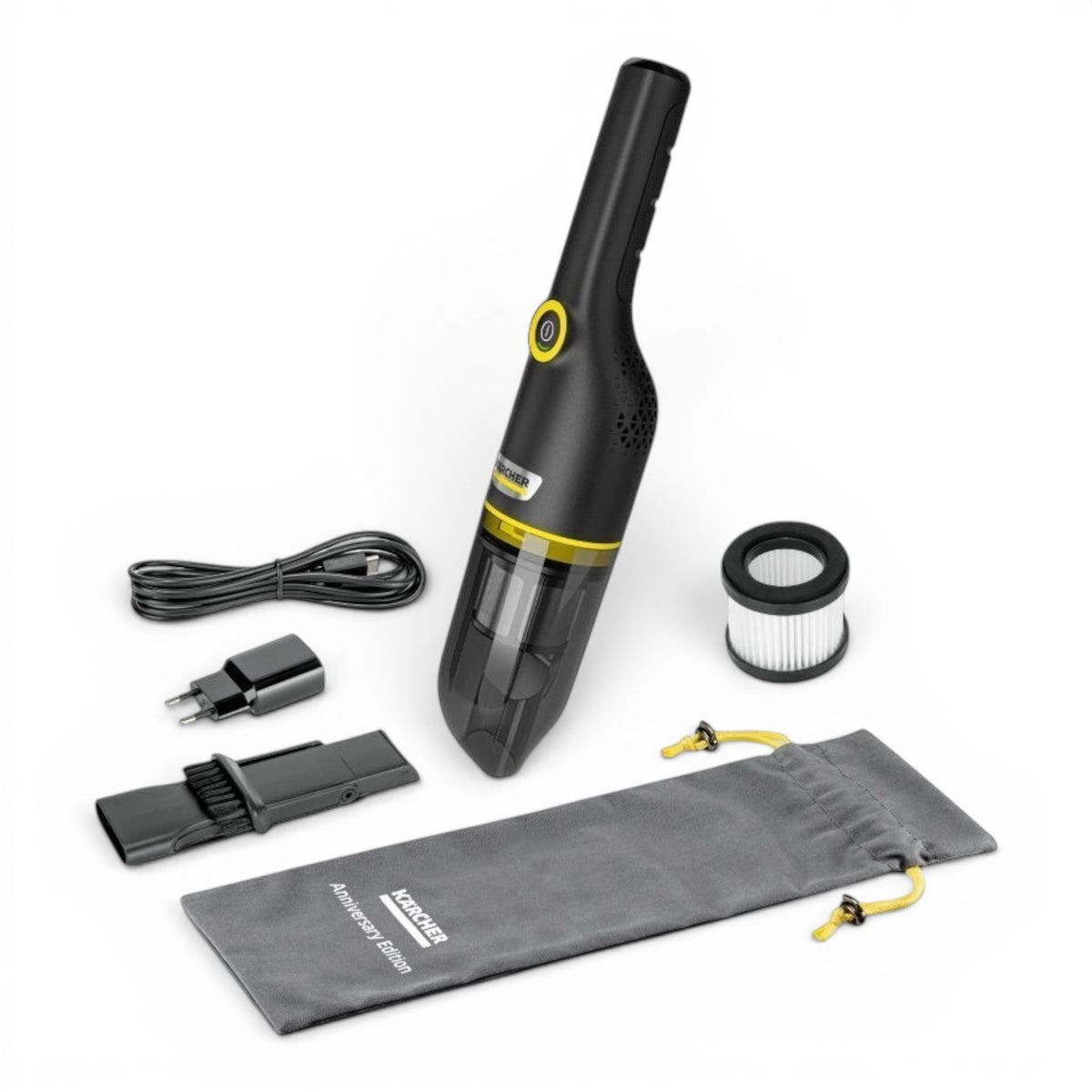 Taghareed Kärcher CVH 4 Black cordless hand vacuum cleaner with accessories, including charger, crevice tool, filter, and storage bag.