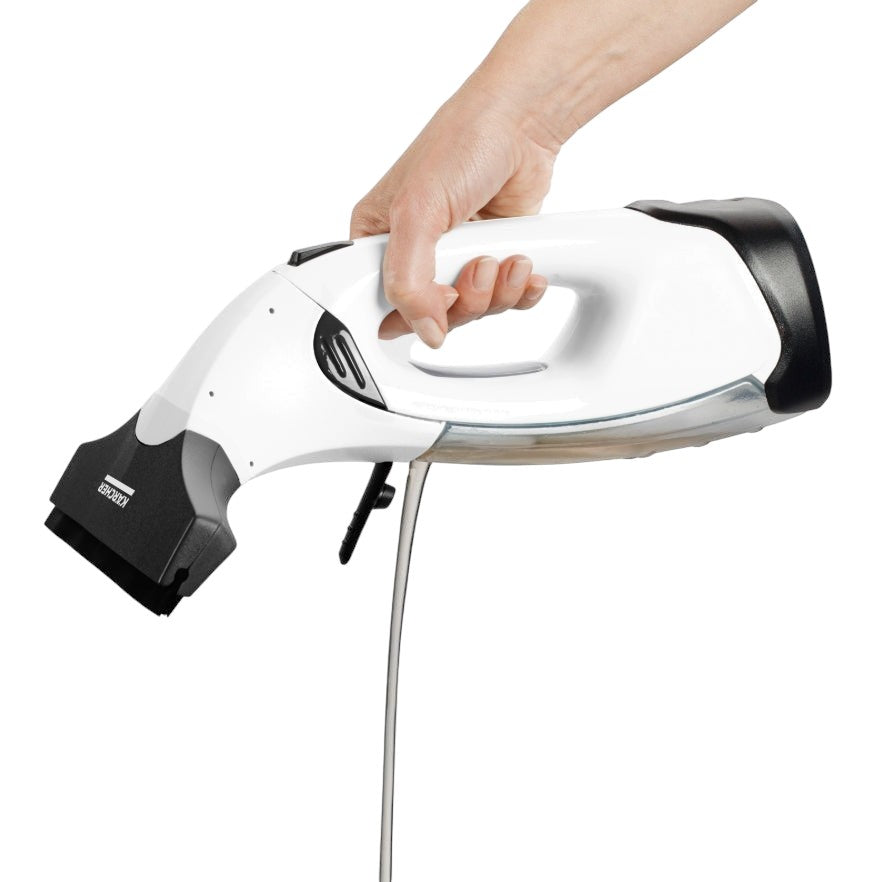 Taghareed Kärcher Window Vac WV 2 Plus cordless window cleaner, white and black, with squeegee head and water collection tank.