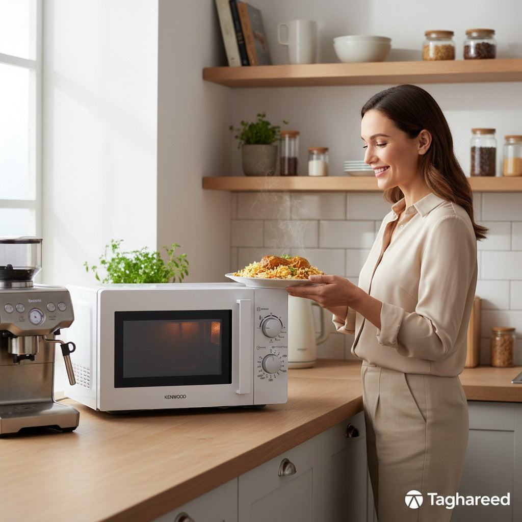 Taghareed white 20L Kenwood microwave oven with mechanical controls and defrost function, perfect for quick meal prep.