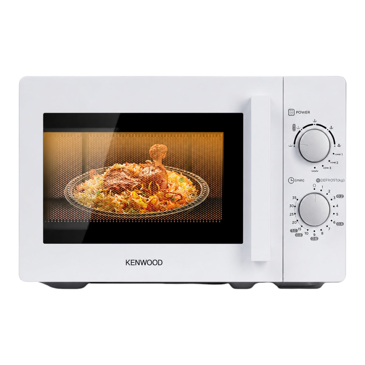 Taghareed Kenwood 20L white microwave oven with mechanical controls and defrost function, cooking biryani.
