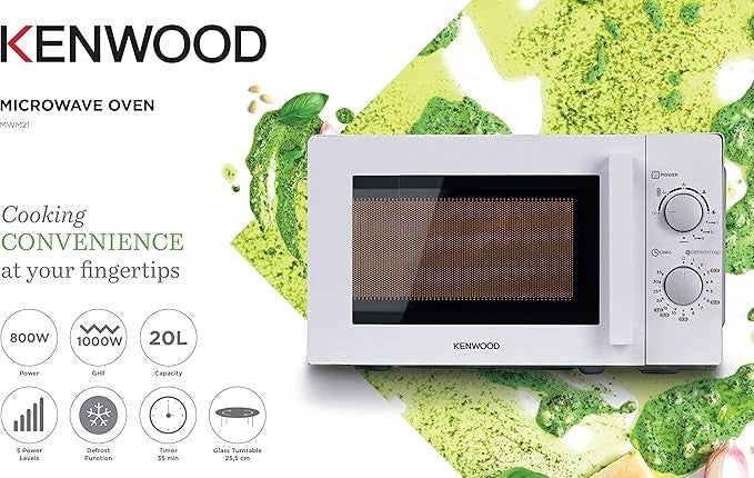 Taghareed Kenwood 20L white microwave oven with 700W power and defrost function, ideal for quick meal prep.