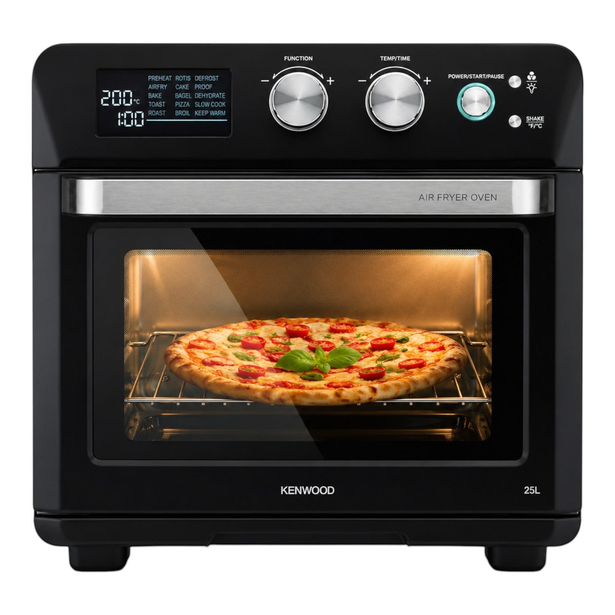 Taghareed Kenwood 25L black 2-in-1 air fryer oven with digital display, cooking a pizza.