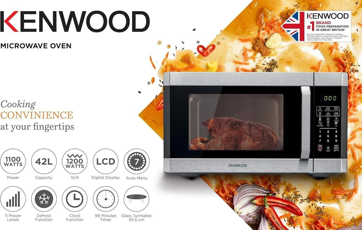 Taghareed Kenwood MWM42.000BK 42L digital microwave with grill, 1100W power, LCD display, and auto menus.
