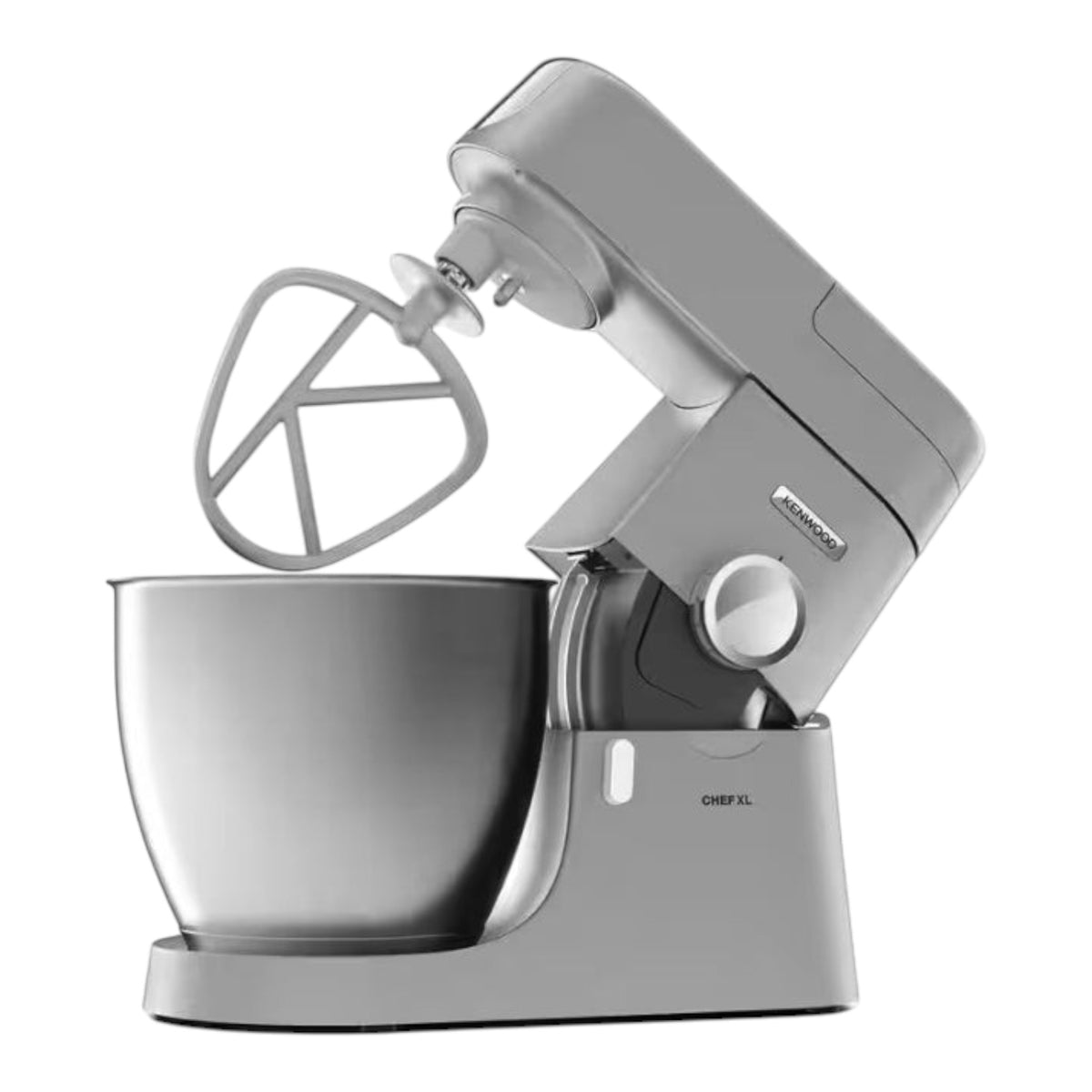 Taghareed Kenwood Chef XL KVL4220S stand mixer in silver, 1200W with 6.7L stainless steel bowl and K-beater attachment.