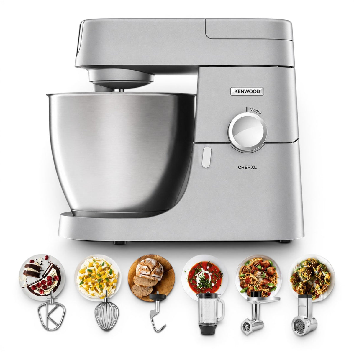 Taghareed silver Kenwood Chef XL stand mixer with 1200W motor, 6.7L stainless steel bowl, and multiple attachments for baking and grinding.