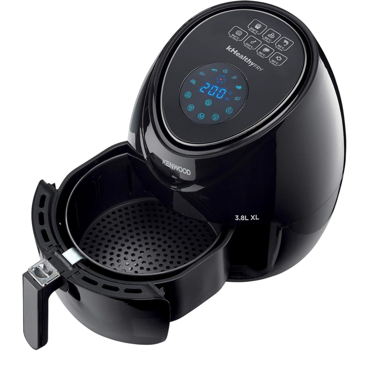 Taghareed Kenwood HFP30.000BK black digital air fryer with 3.8L capacity and touch screen.