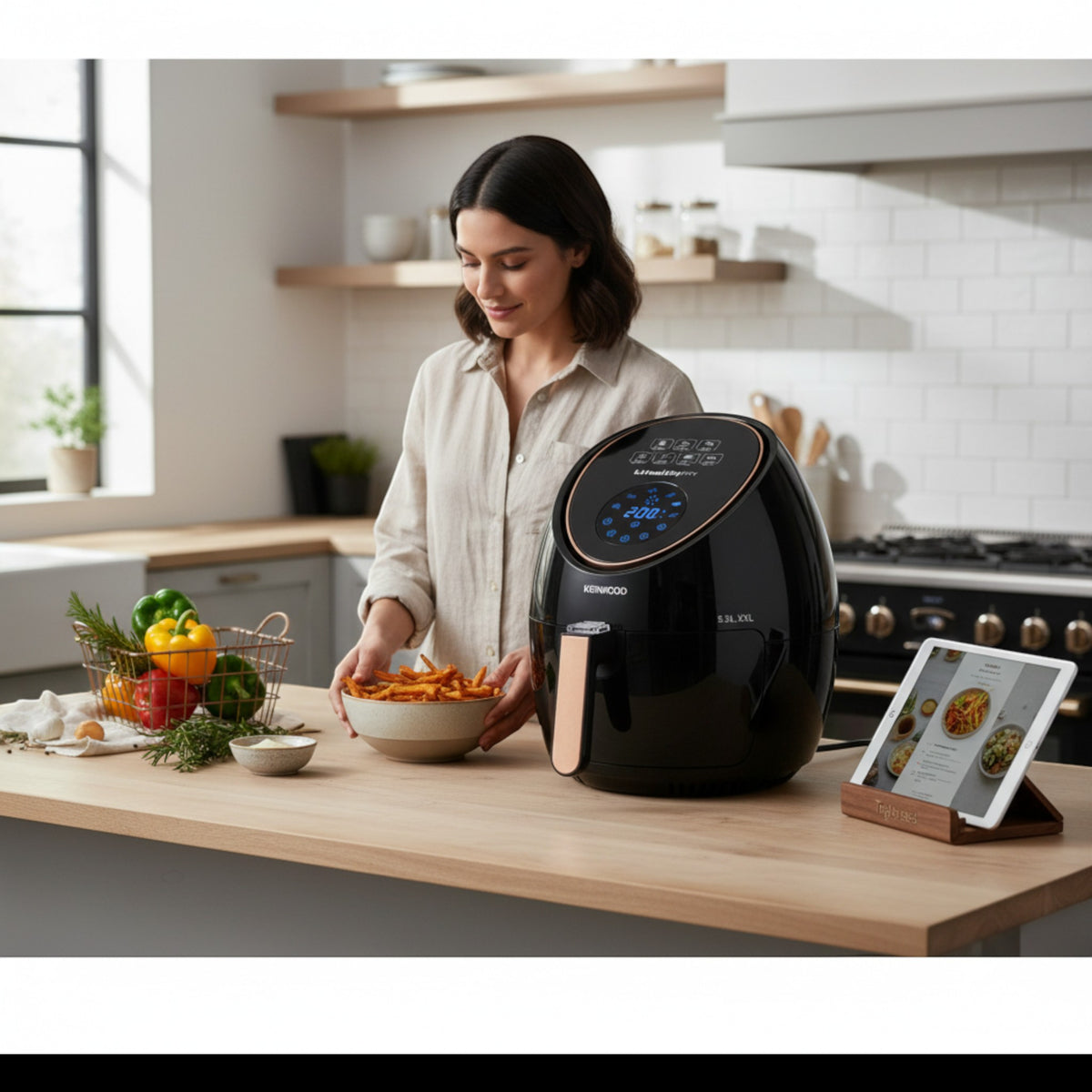 Taghareed Kenwood digital air fryer, 5.5L capacity, 1800W, black with rose gold accents, digital display, cooking fries.