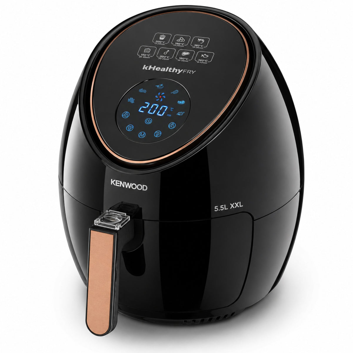 Taghareed Kenwood black digital air fryer with 5.5L capacity and rose gold handle. Features a touch screen display.