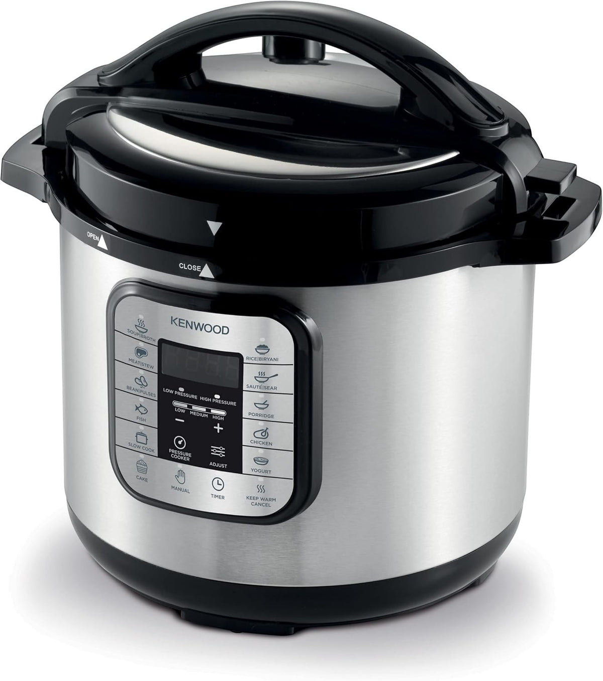 Taghareed Kenwood 8L 16-in-1 electric pressure cooker multicooker PCM80, silver and black stainless steel with digital display and 16 cooking programs.