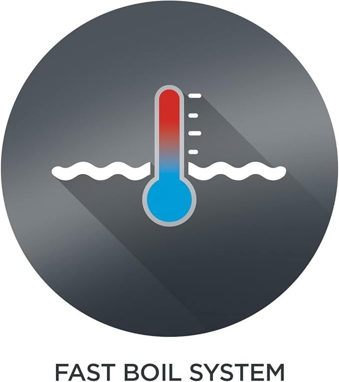 Taghareed Kenwood glass kettle with fast boil system icon, showing a thermometer in water.