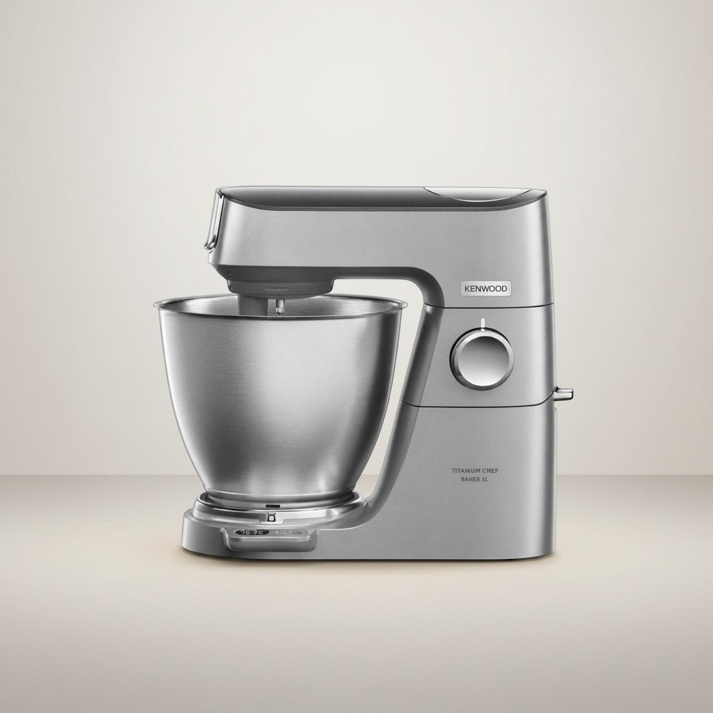 Taghareed Kenwood Titanium Chef Baker XL stand mixer in silver, 1200W, 7L bowl, planetary mixing, and LightLift head.