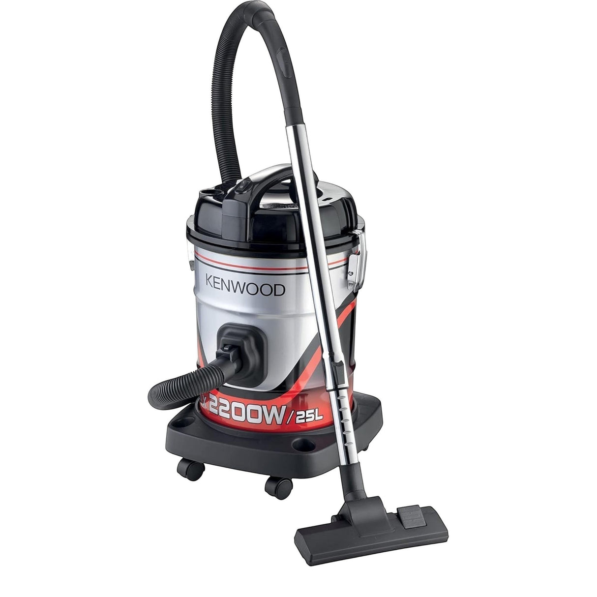 Taghareed Kenwood 2200W 25L Wet & Dry drum vacuum cleaner with hose, wand, and floor brush attachment.
