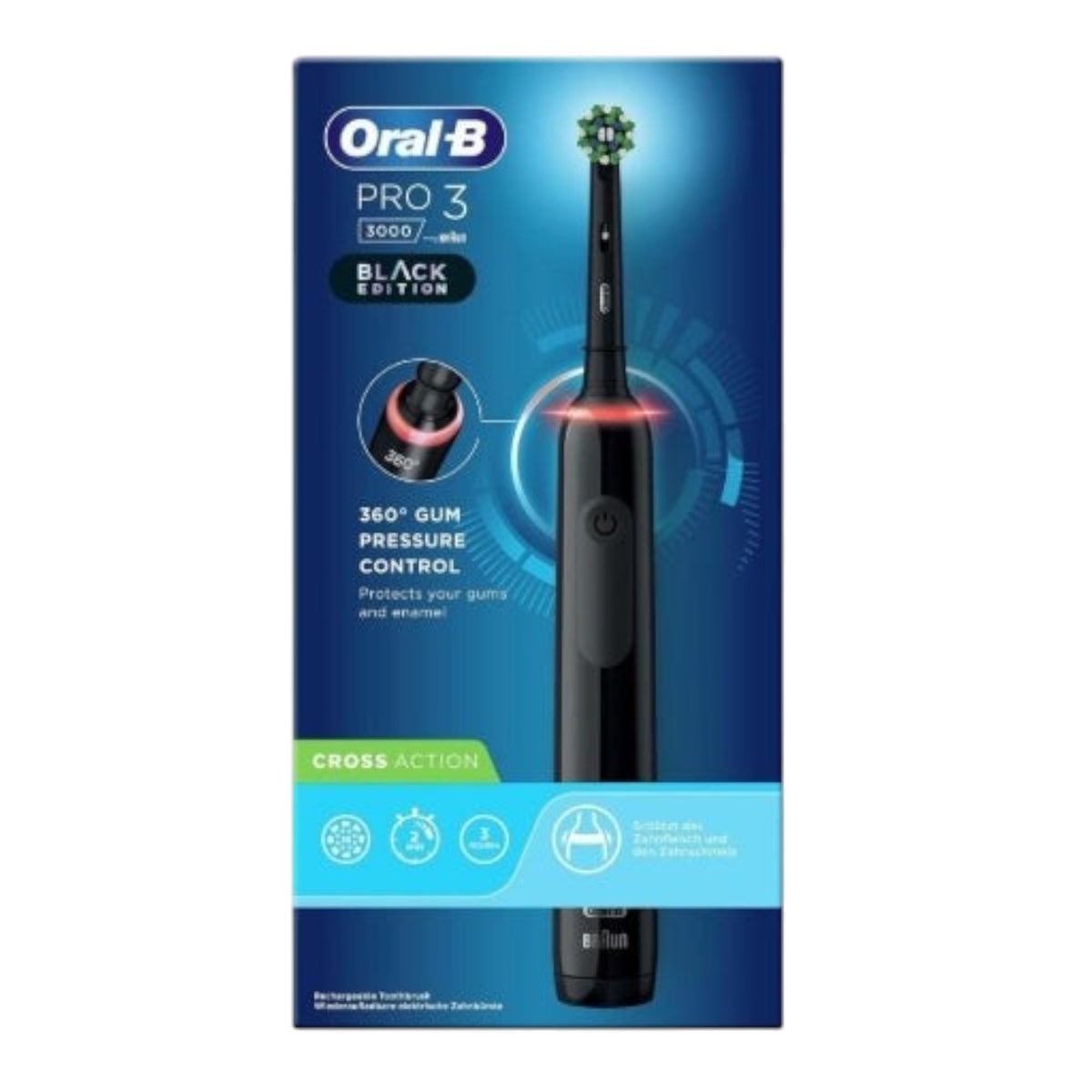 Taghareed Oral-B Pro 3 3000 Black Edition rechargeable electric toothbrush with 3D cleaning action and pressure sensor.