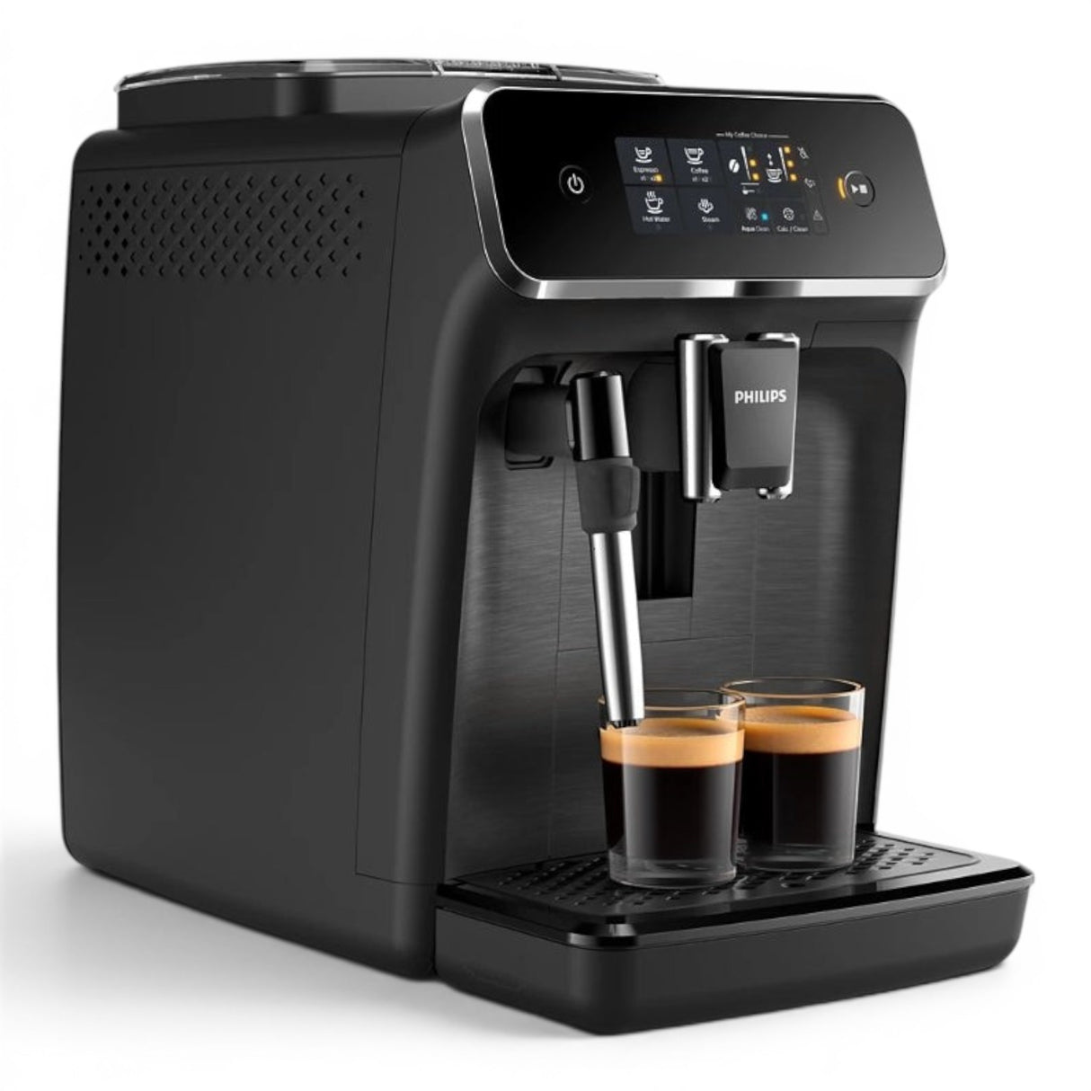 Taghareed Philips 2200 Series fully automatic espresso machine in black, with touch display and two cups of espresso.