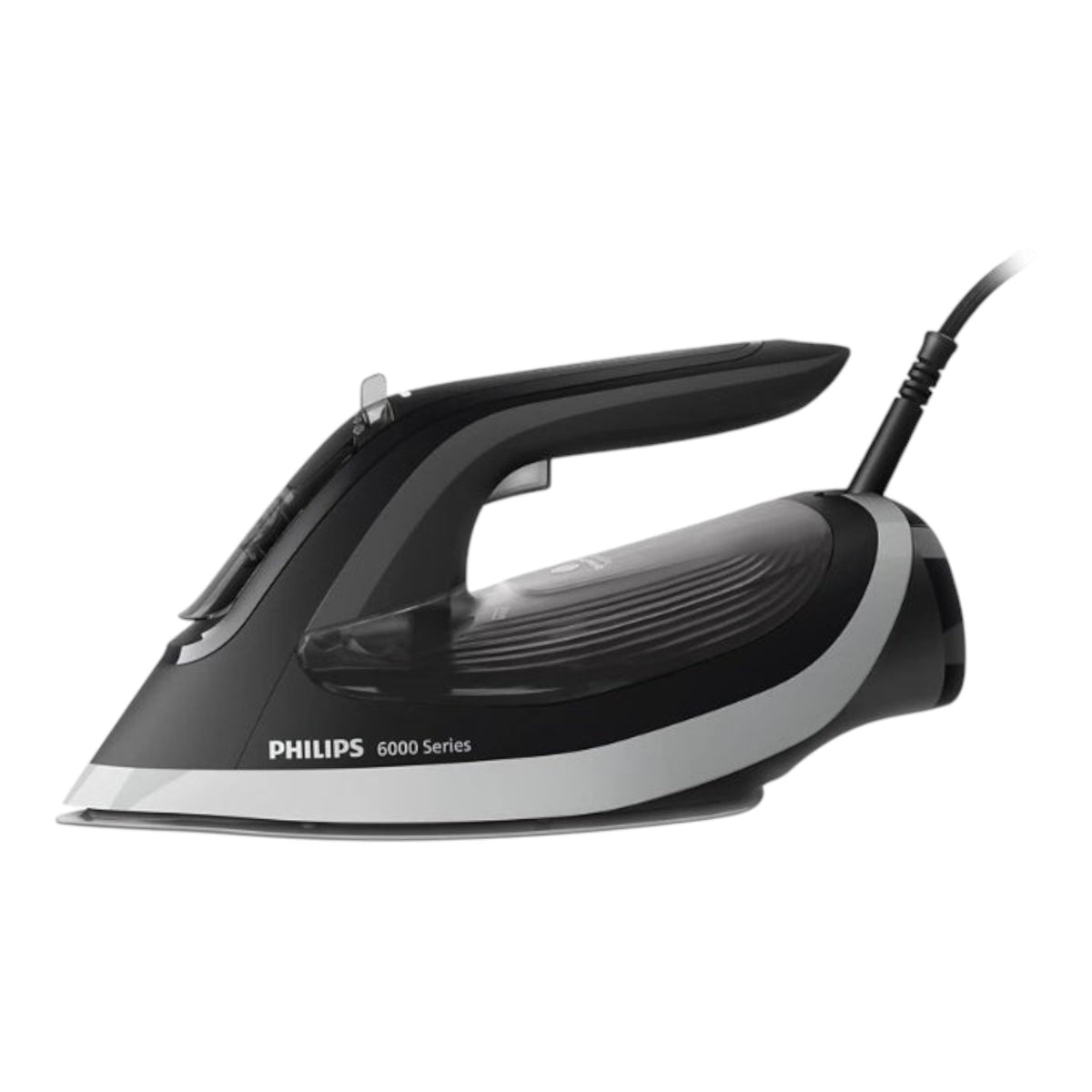 Taghareed Philips 6000 Series DST6120/86 steam iron, black and silver, with 2600W power and SteamGlide Plus soleplate.