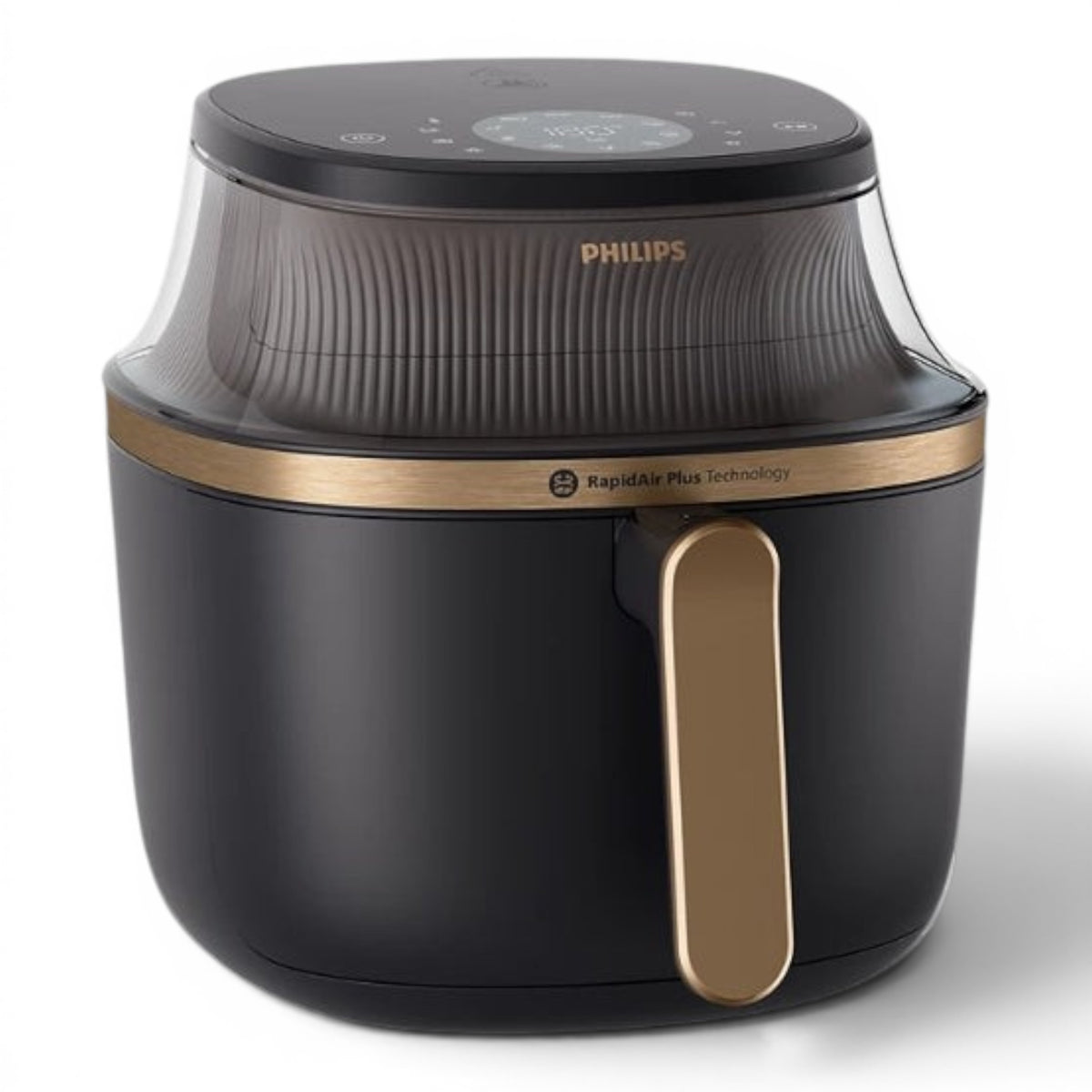 Taghareed Philips Airfryer 3000 Series XL NA332/09, black with gold accents, 6.2L capacity, digital touch screen, and transparent cooking window.