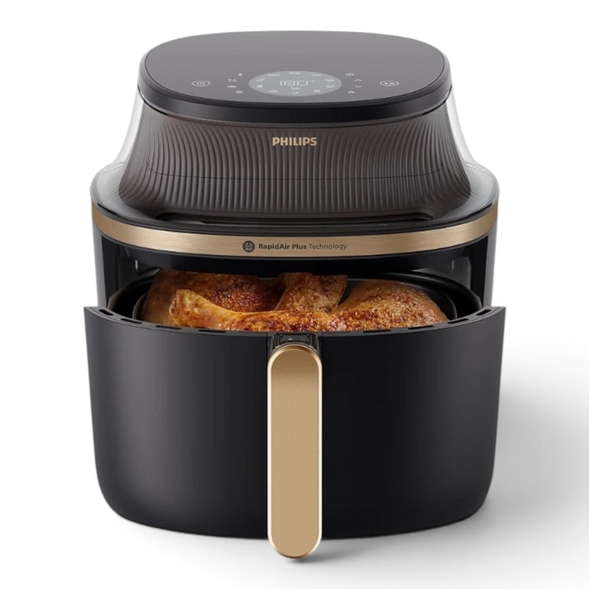 Taghareed Philips Airfryer 3000 Series XL NA332/09 with RapidAir Plus technology, digital touchscreen, and cooking window. Black with gold accents.