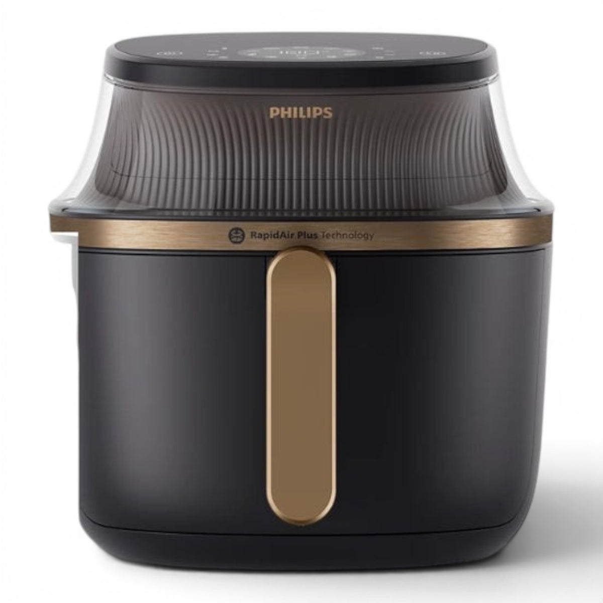 Taghareed Philips Airfryer 3000 Series XL NA342/09, black with gold accents, 7.2L capacity, 16 cooking functions, digital touchscreen, and RapidAir Plus technology.