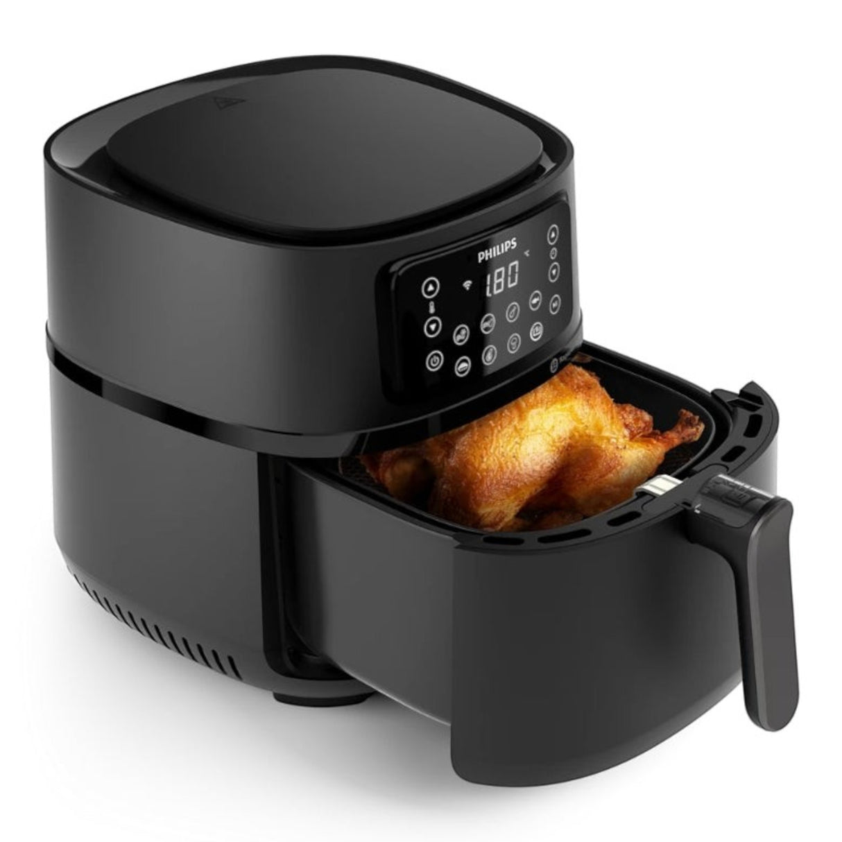 Taghareed Philips Airfryer 5000 Series XXL Connected HD9285/93, black, with a whole roasted chicken inside. Features digital display and Rapid Air technology.