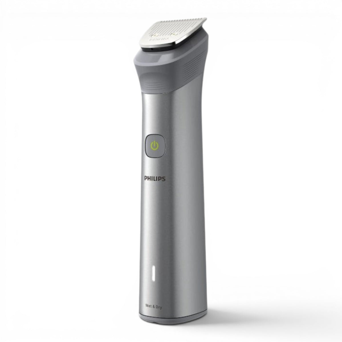 Taghareed Philips All-in-One Trimmer Series 5000 MG5923/15, silver metal body, 12 attachments for beard, hair, body, and nose/ear trimming.