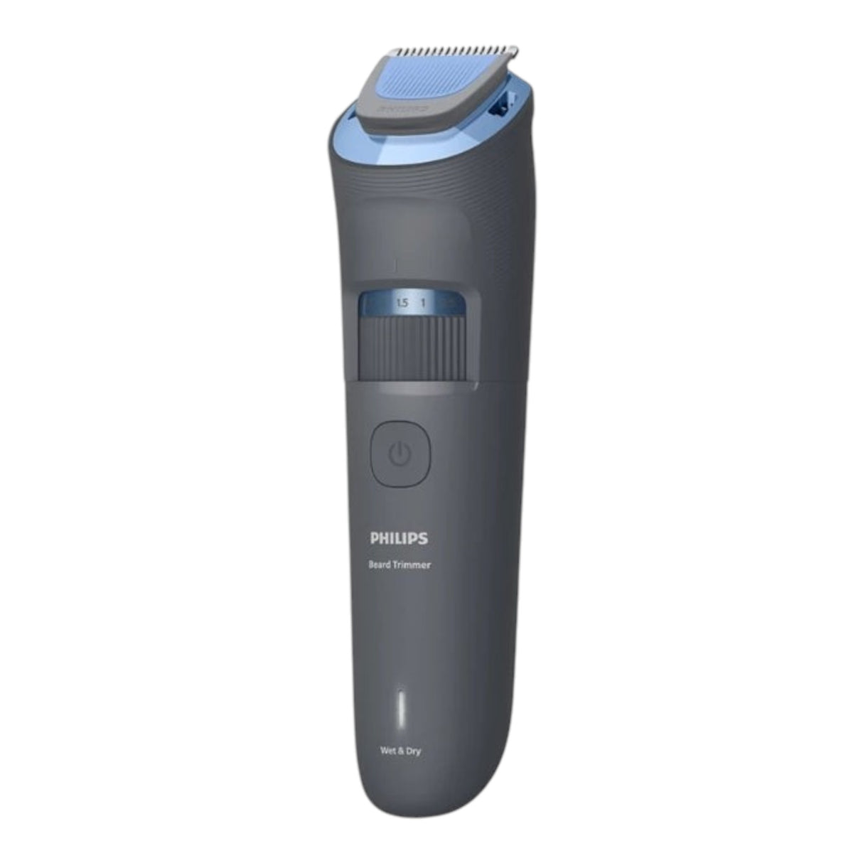 Taghareed Philips Beard Trimmer Series 3000 BT3617/15, gray with blue accents, 20 length settings, wet & dry use, USB-A charging.