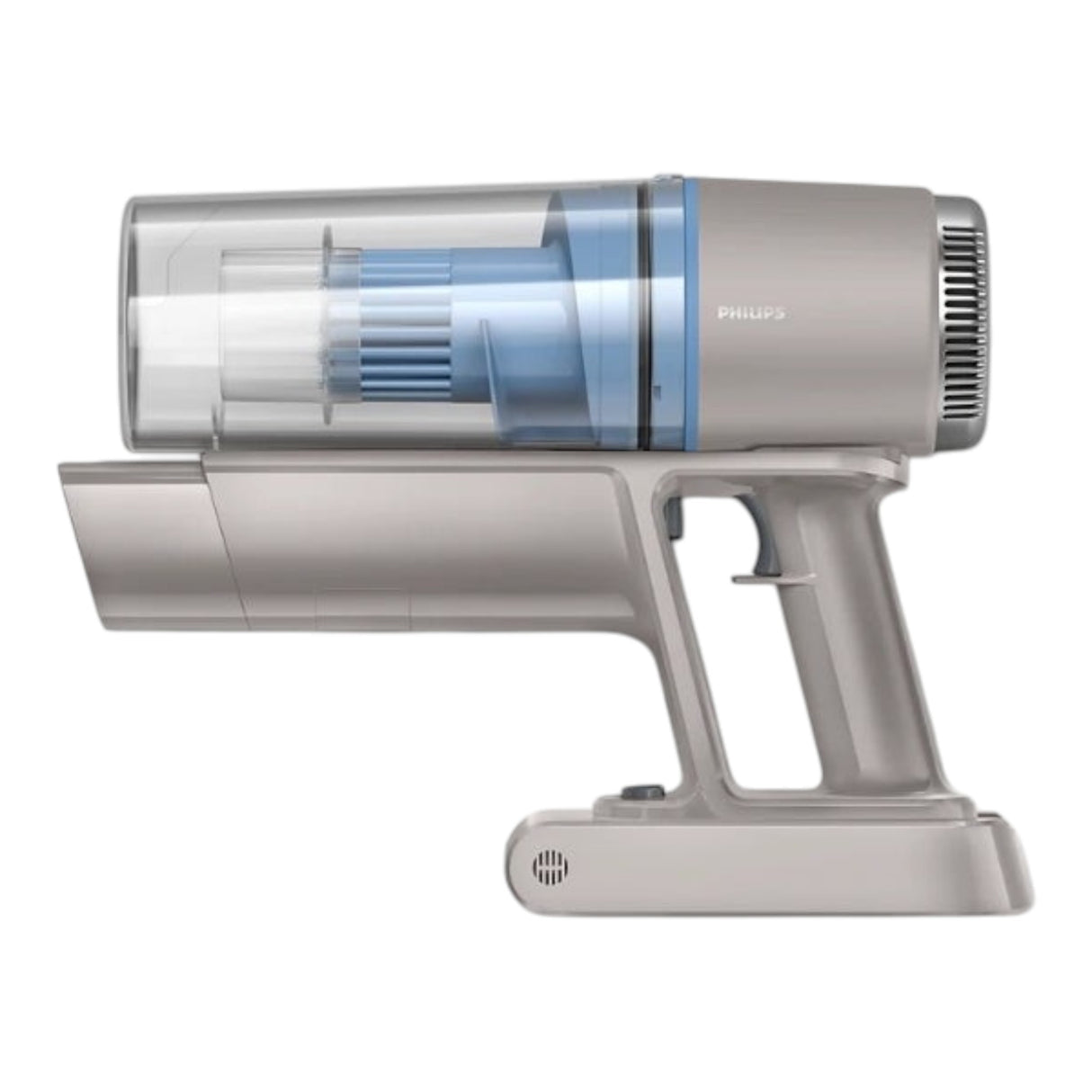 Taghareed Philips 2000 Series Cordless Vacuum XC2011/61, grey and blue, lightweight handheld vacuum with transparent dustbin and LED floor nozzle.