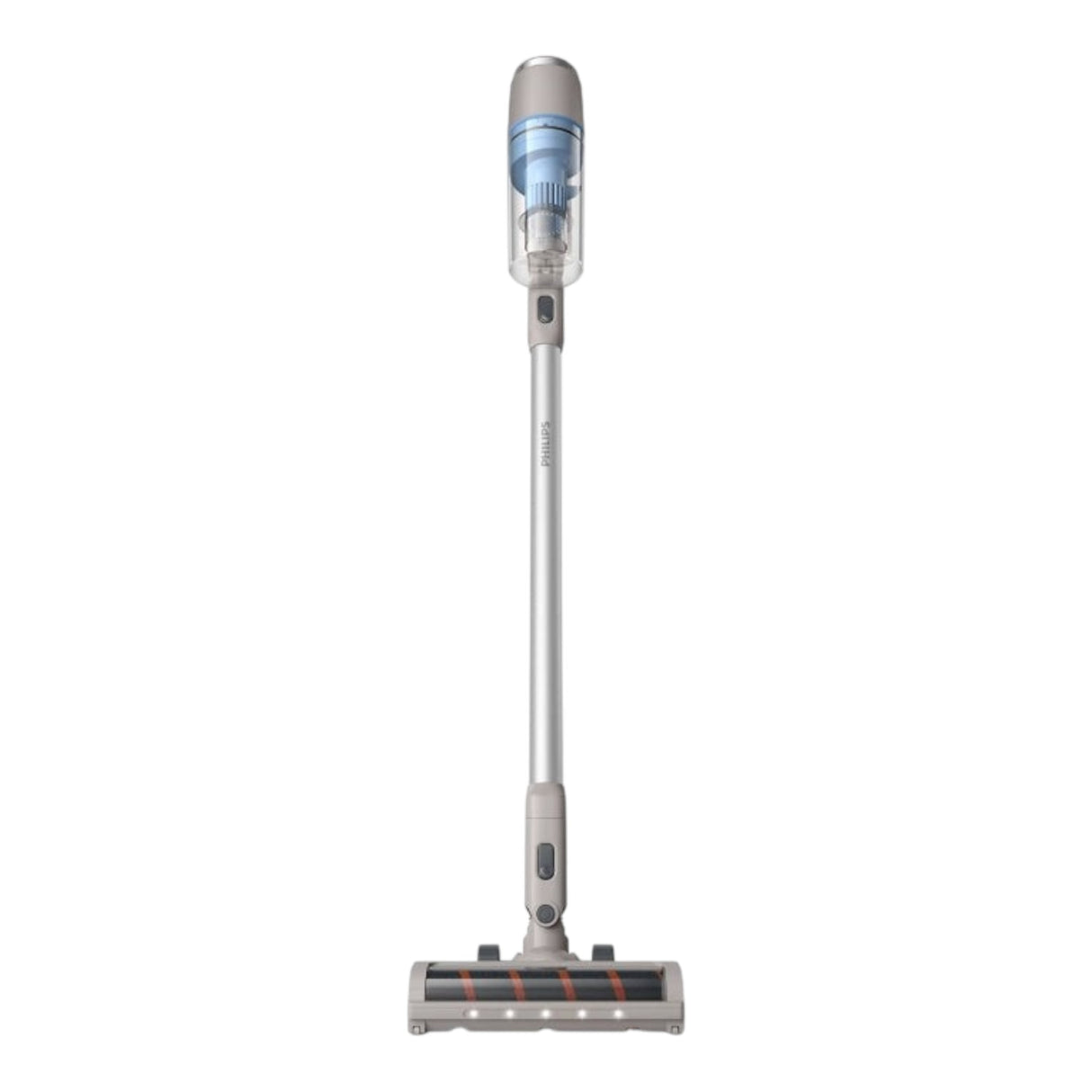 Taghareed Philips 2000 Series cordless vacuum cleaner, silver and blue, with LED floor nozzle and dustbin.