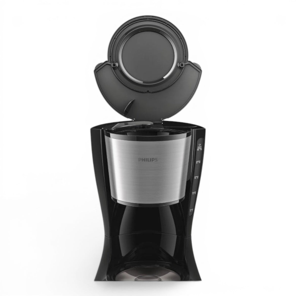 Taghareed Philips Daily Collection black coffee maker with brushed metal filter holder, 1.2L capacity, Drip Stop, auto-off.