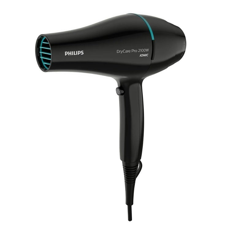 Taghareed Philips DryCare Pro 2100W Ionic hairdryer with AC motor and cool shot button, black with teal accents.