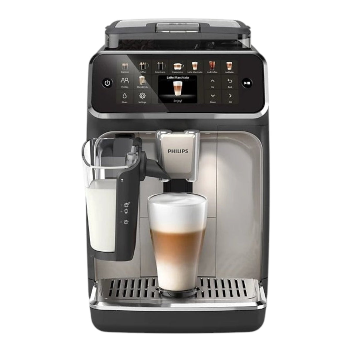 Taghareed Philips 5500 Series fully automatic espresso machine with LatteGo system, 20 drink options, TFT display, and ceramic grinder.