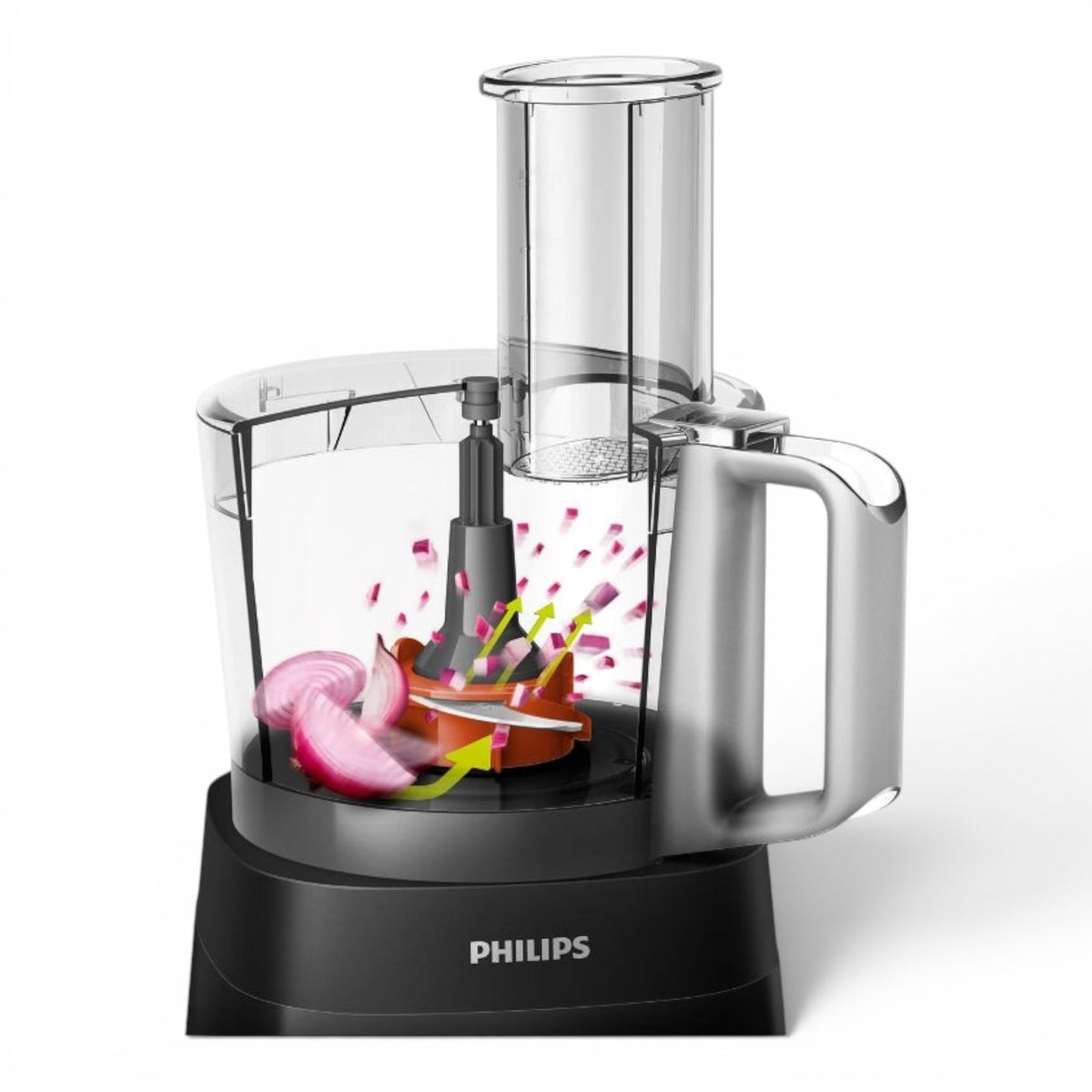 Taghareed Philips 5000 Series food processor with 750W motor, 1.5L bowl, and PowerChop technology chopping red onions.
