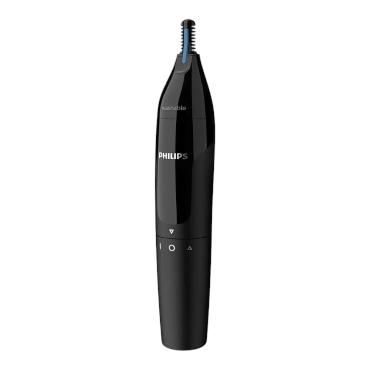 Taghareed Philips black electric nose and ear hair trimmer with PrecisionTrim technology and Protective Guard. Washable and battery-powered.