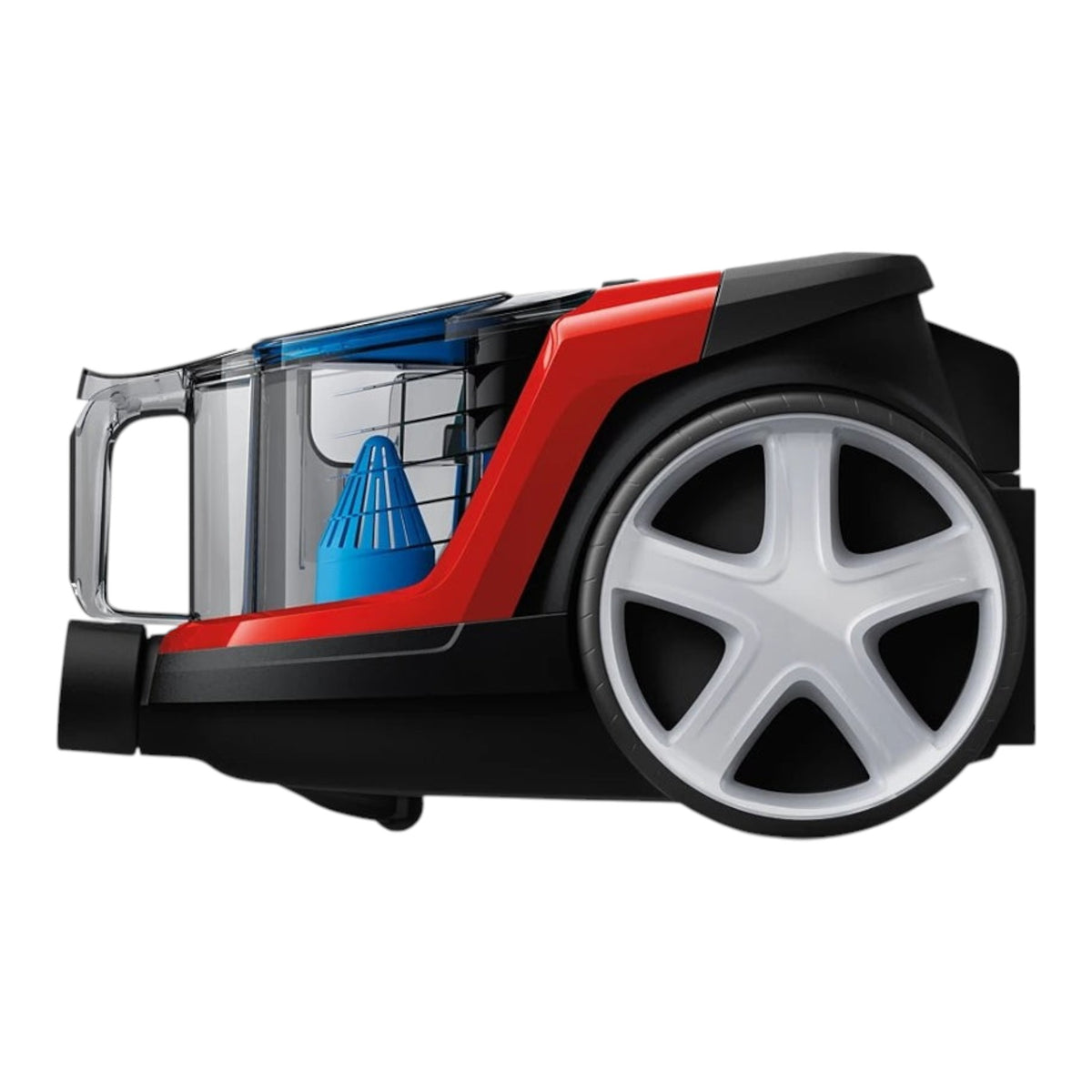 Taghareed Philips PowerPro Compact bagless vacuum cleaner in red and black with a clear dustbin and blue cyclone filter.