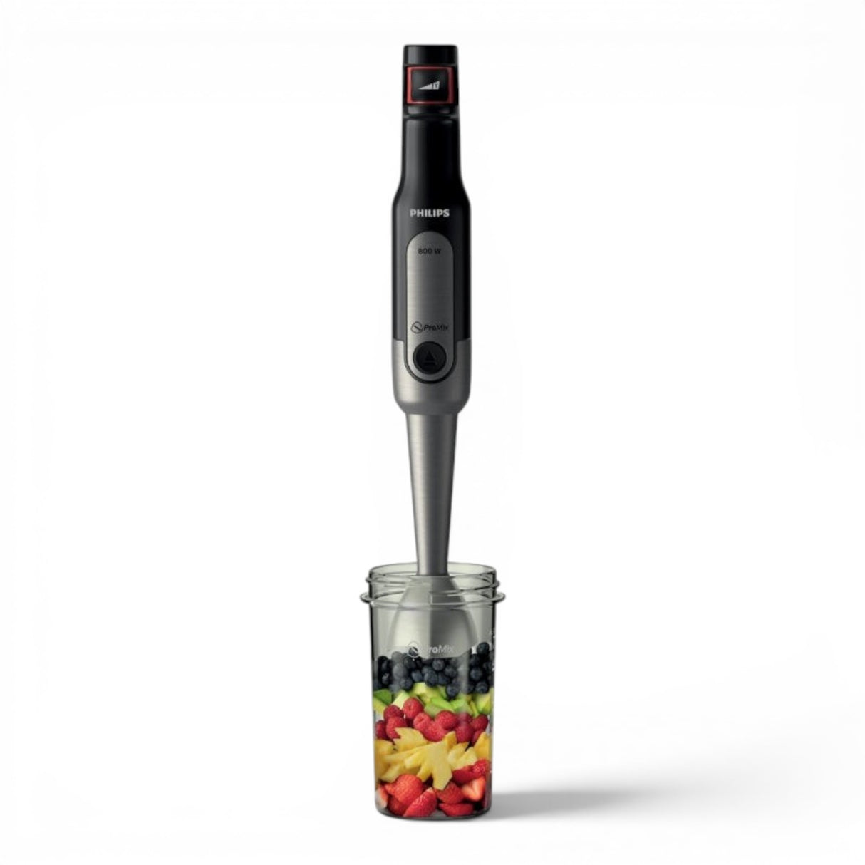 Taghareed Philips Viva Collection ProMix hand blender with 800W motor, SpeedTouch control, and anti-splash guard, shown with fruit in a beaker.