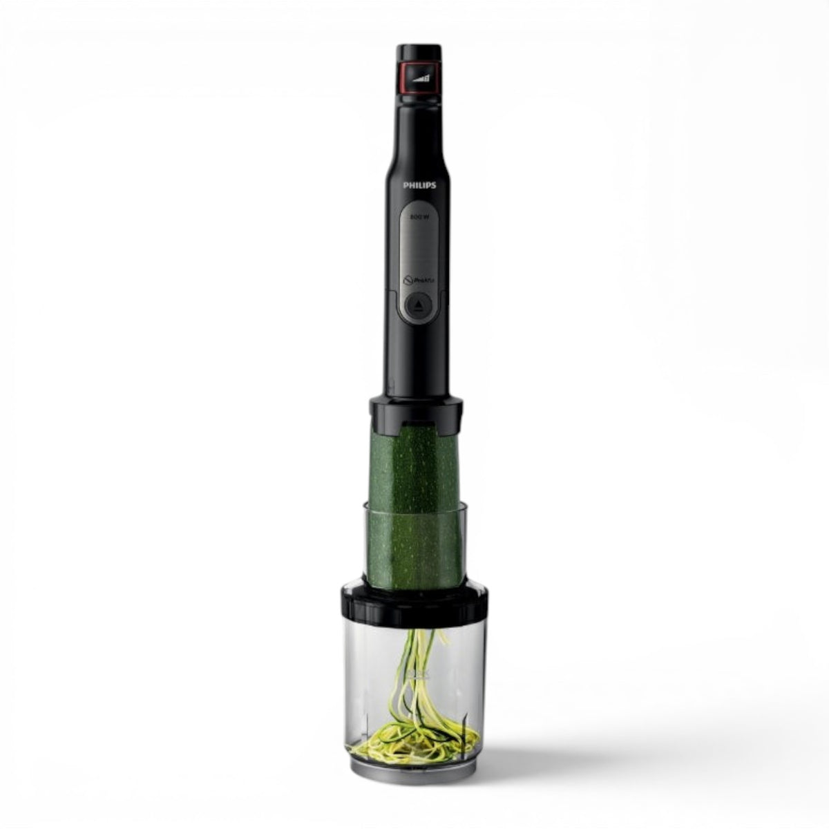 Taghareed Philips Viva Collection ProMix hand blender with spiralizer attachment making zucchini noodles.