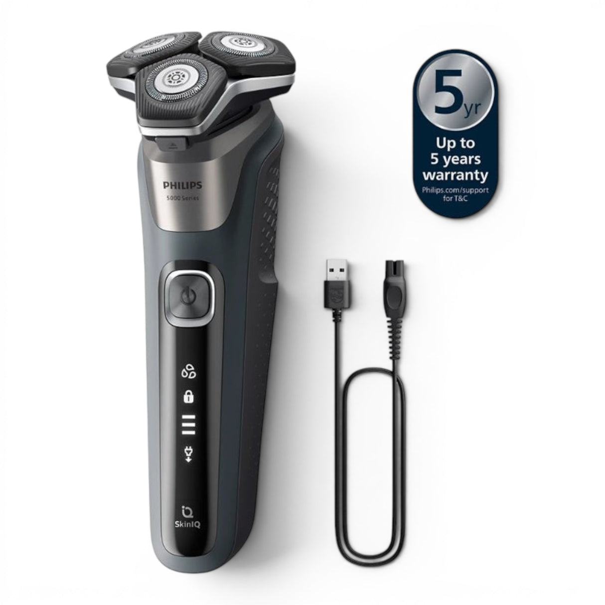 Taghareed Philips Shaver Series 5000 S5887/10, grey and silver electric shaver with 360° flex heads and SkinIQ technology. Includes USB charging cable.