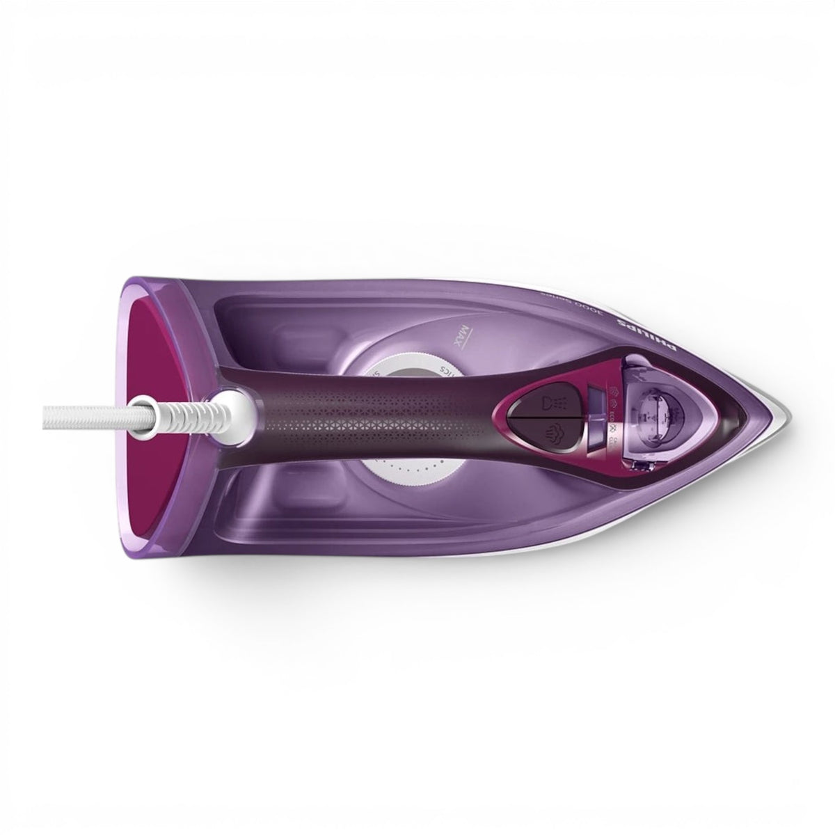 Taghareed Philips 3000 Series steam iron with purple casing, ceramic soleplate, and 2600W power.