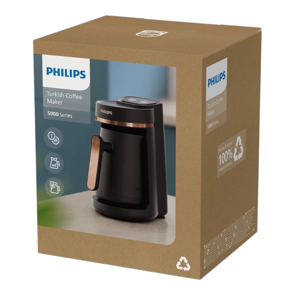 Taghareed Philips 5000 Series Turkish coffee maker in black with copper accents. Features slow brew and anti-overflow.