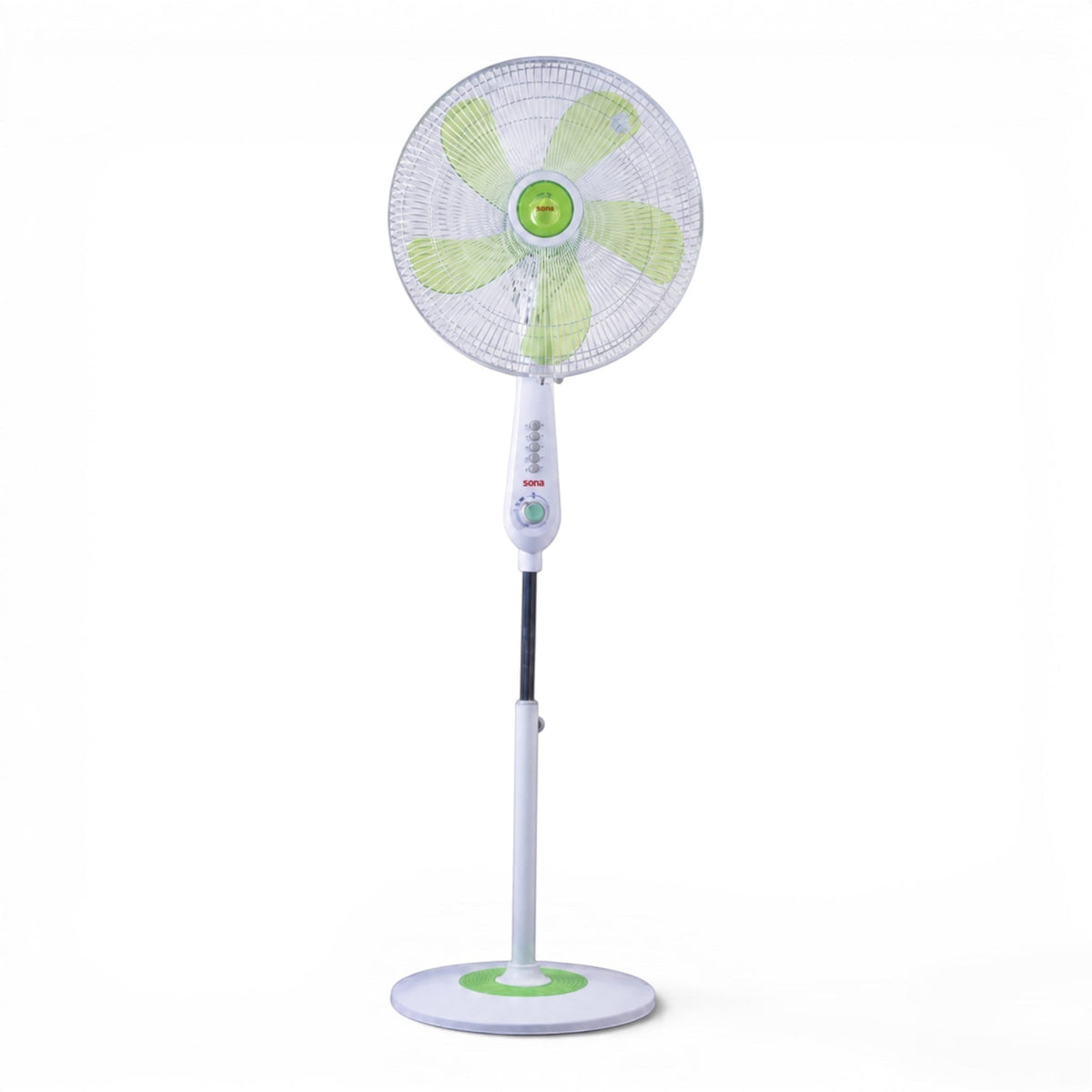 Taghareed Sona 16" stand fan with green blades and push button controls, white and black plastic construction.