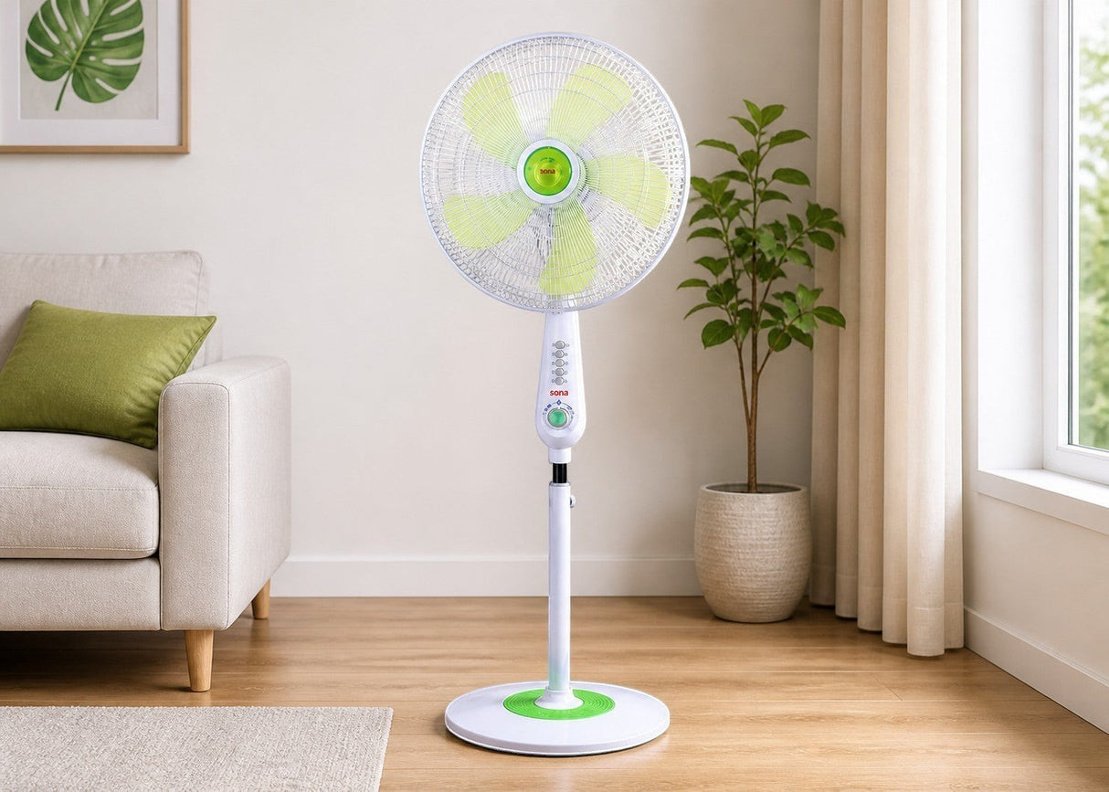 Taghareed Sona 16" white stand fan with green blades and push button controls, ideal for home or office.