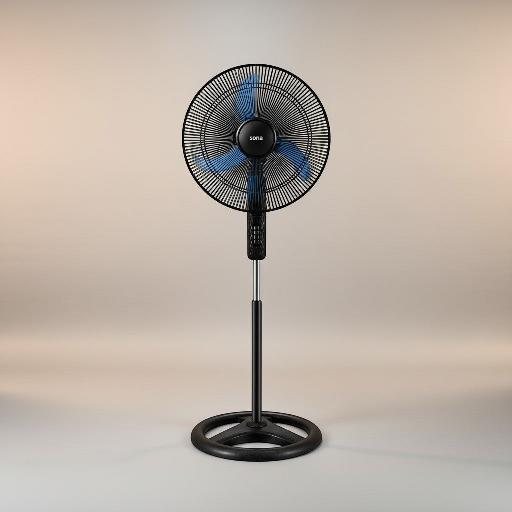 Taghareed Sona 18" black stand fan with blue blades and a circular base, ideal for daily cooling.