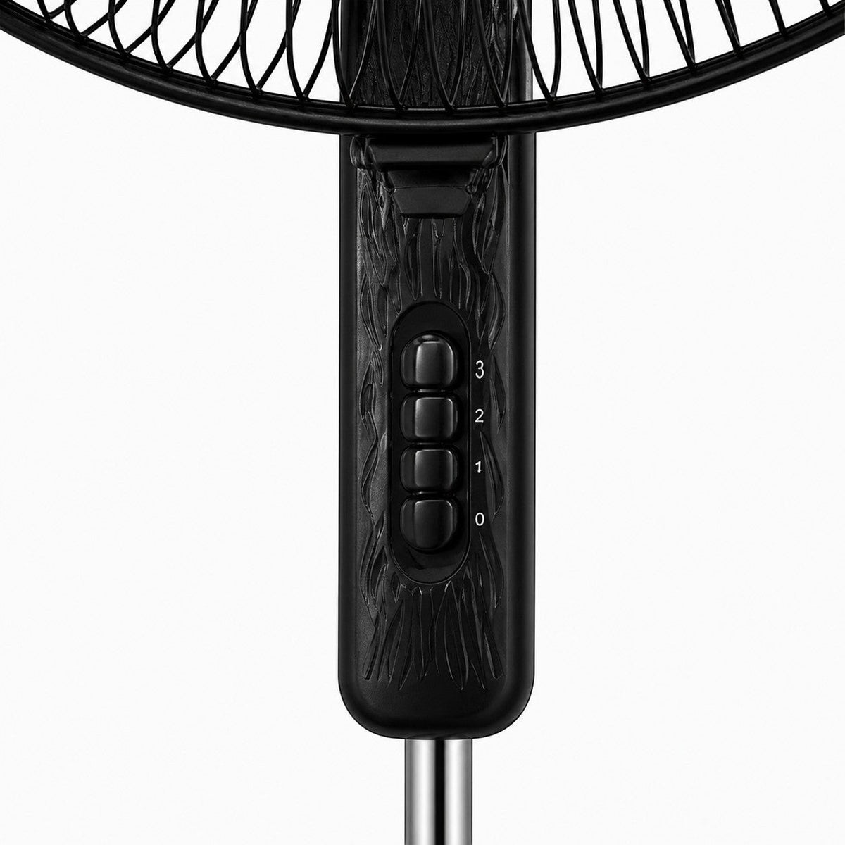 Taghareed Sona 18" black stand fan with 4 speed control buttons and decorative flame-like detailing on the stand.