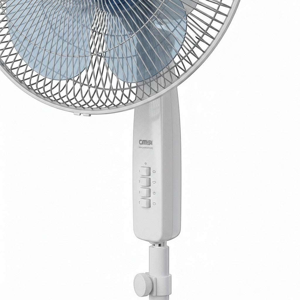 Taghareed Sona 18" white stand fan with adjustable height and oscillating head for effective air circulation.
