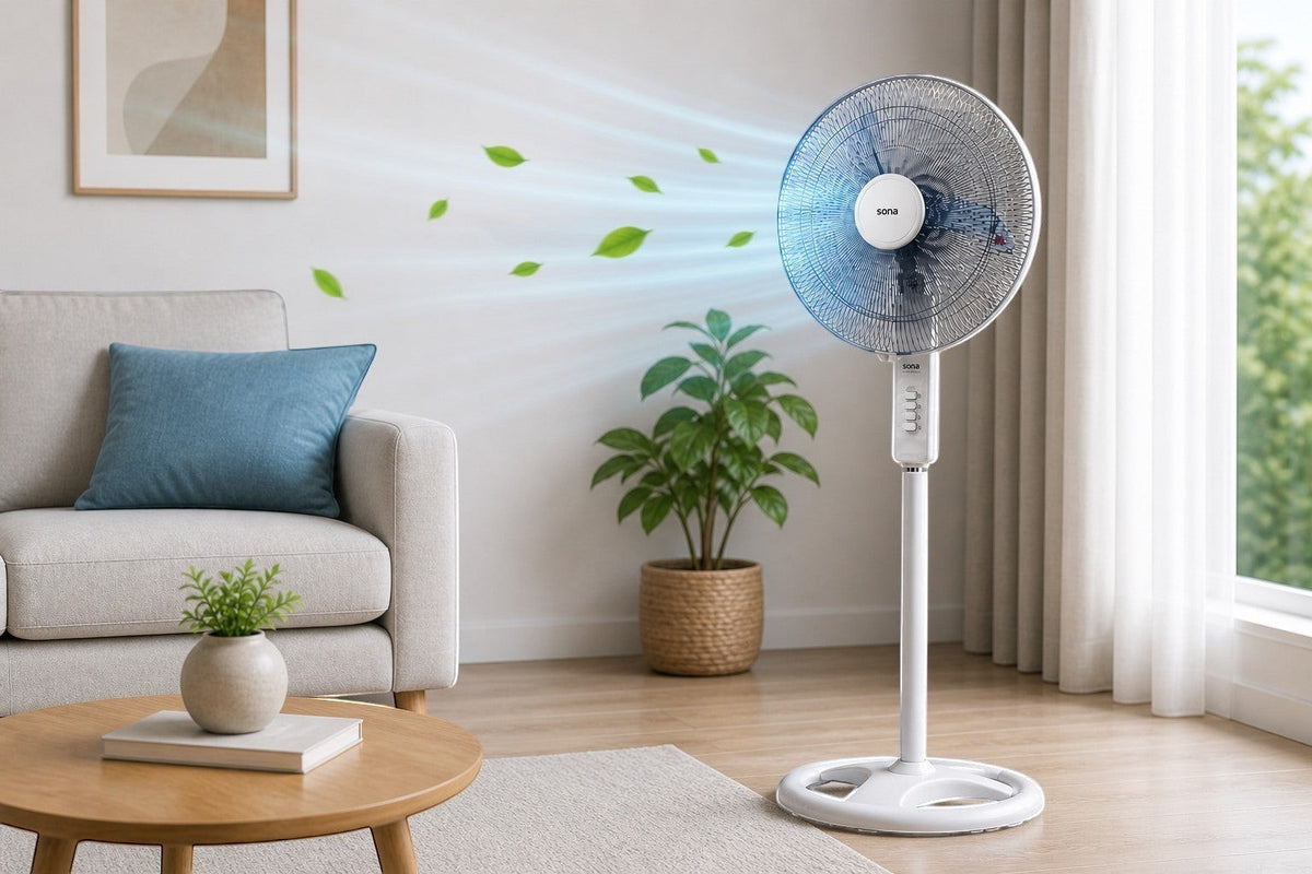 Taghareed Sona 18" white stand fan with 3 speed settings and oscillating function, ideal for home or office cooling.