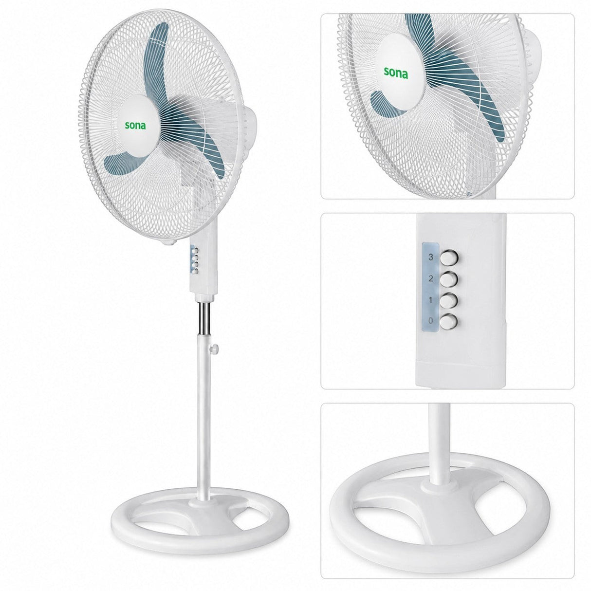 Taghareed Sona 18" white stand fan with teal blades and 4 speed settings. Practical for home or office cooling.