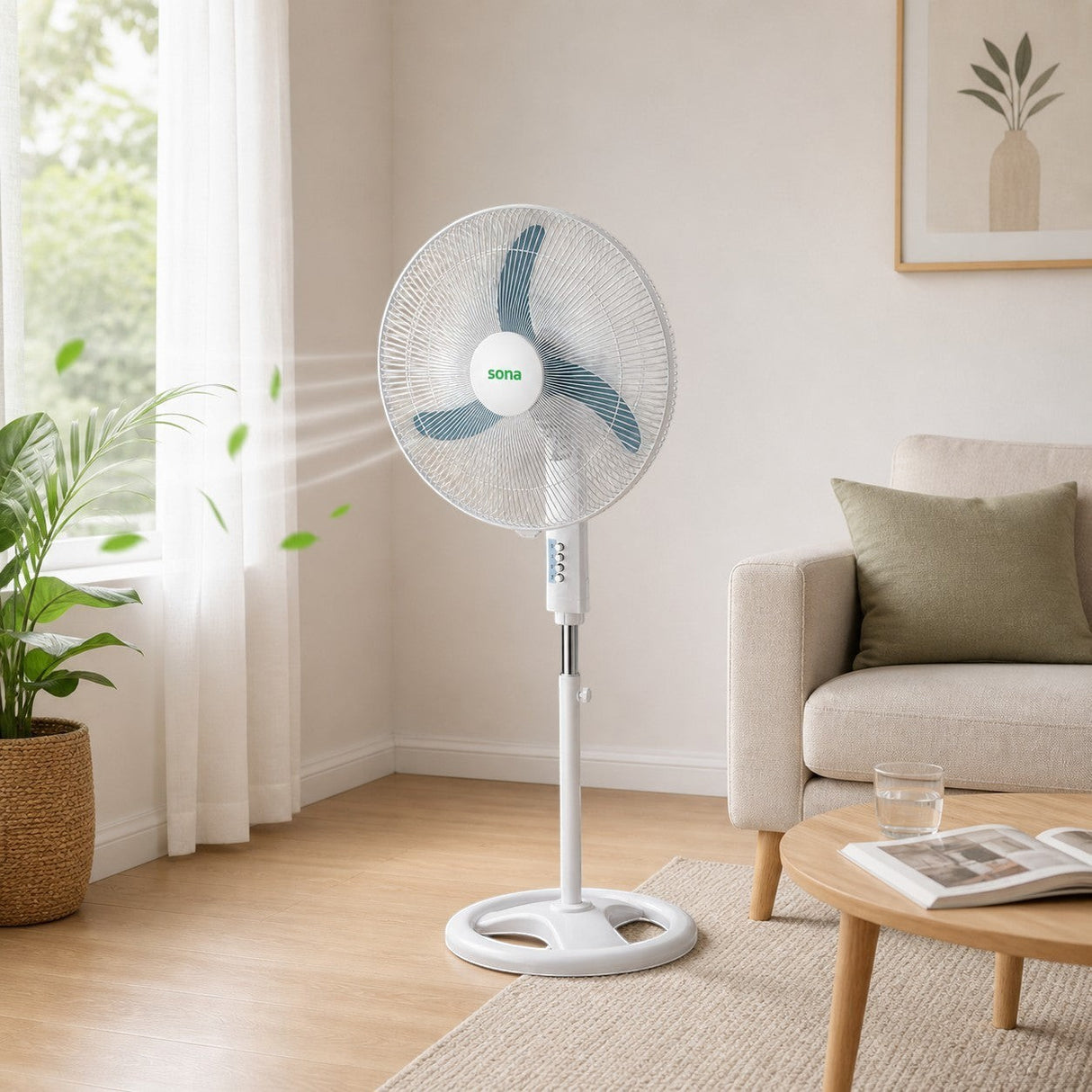 Taghareed Sona 18" white stand fan with blue blades, ideal for everyday cooling in homes or offices.