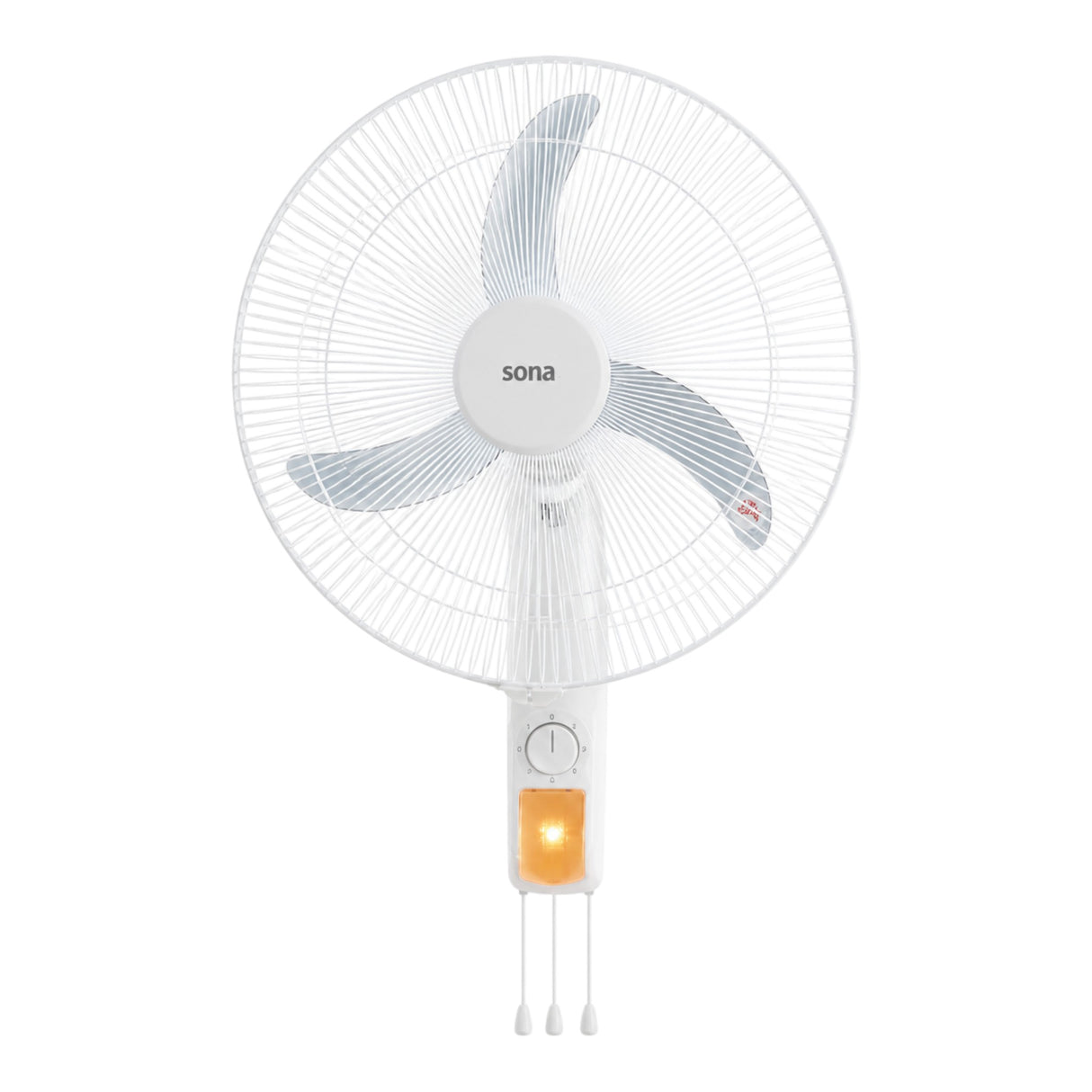 Taghareed Sona WF-550 white wall fan with 3 grey blades and pull cord control for speed adjustment.